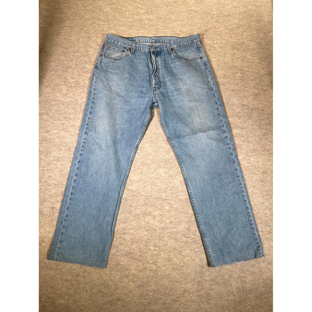 Levis 501 Straight Jeans Mens 38x34 Blue Denim Cotton Mid Rise Button Fly Logo